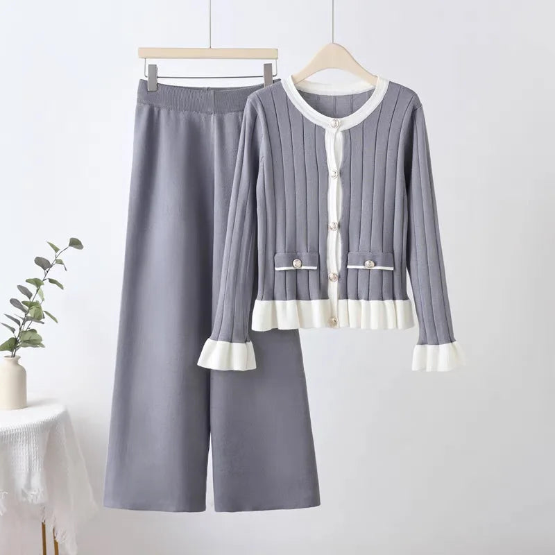 Knitted Suit Pants Fashion Button Fungus Edge Sweater + Wide Leg Pants Two-piece Set Autumn and Winter