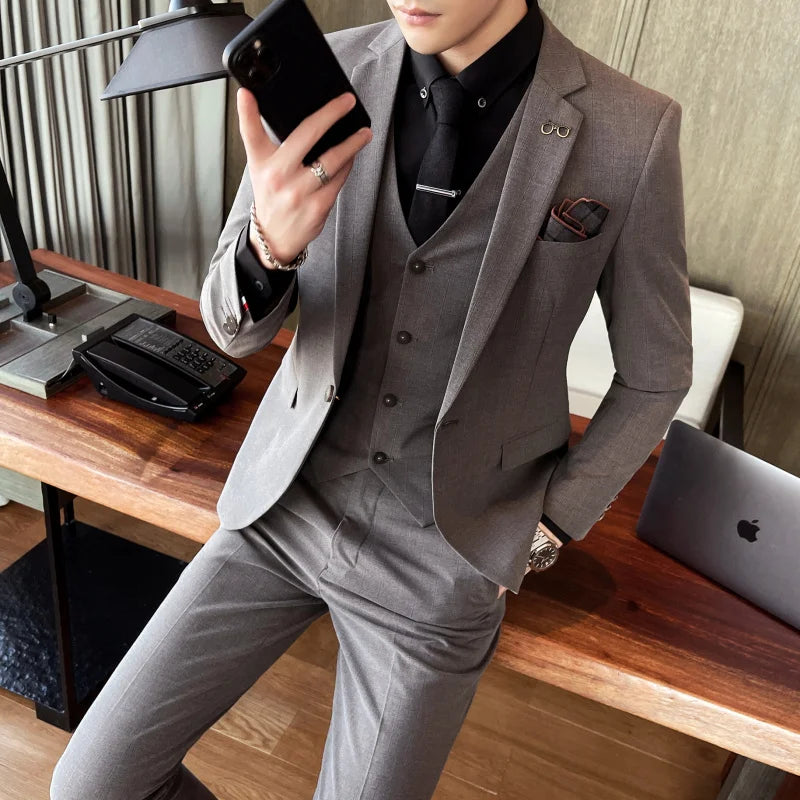 [Jacket+Vest+Pants] 2022 men's striped business suit jacket/men's slim cotton three-piece suit/men's plaid groom dress S-4XL