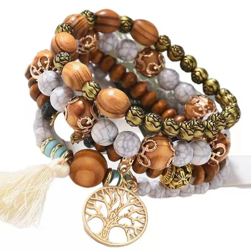 WYBU new bohemian bracelet creative ladies tree of life jewelry tassel multi-layer wooden beaded ethnic style fashion bracelet