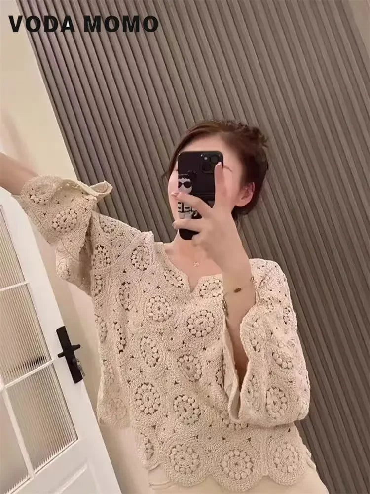 Women New Spring Summer Fashion Knitted V-Neck Cardigan Office Lady Full Sleeve Tops Femme Loose French Style Sexy Hollow Lace