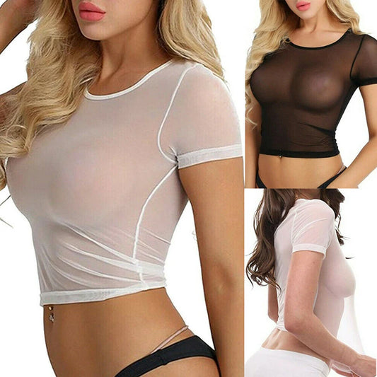 Sexy Women See Through Transparent Blouse Sexy Sheer Mesh Short Sleeve Top Crop Slim Shirt Blouse Ladies Tops Lingerie Sleepwear