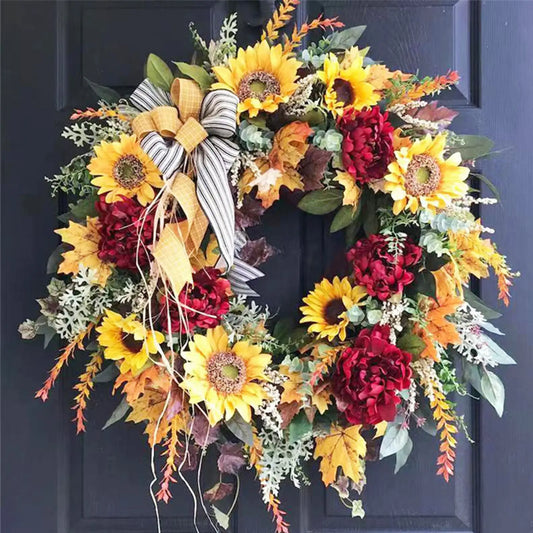 48CM Fall Wreath for Front Door with Sunflowers Autumn Decoration for Farmhouse Door Window Porch Harvest Halloween Thanksgiving