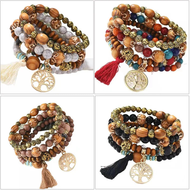 WYBU new bohemian bracelet creative ladies tree of life jewelry tassel multi-layer wooden beaded ethnic style fashion bracelet