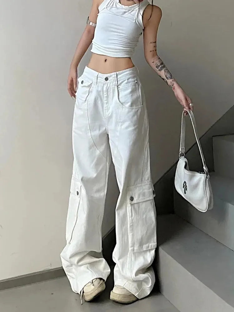 2023 Korean Y2K Fashion White Baggy Cargo New Jeans Kpop Pants For Women Clothes Straight Wide Leg Casual Elegant Trousers Lady