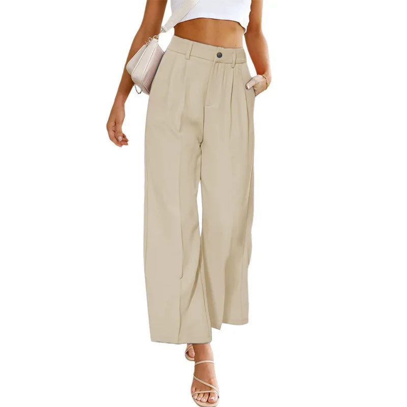 2023 the spring and autumn period and the new women's leisure wide-legged dress pants of tall waist button long belt pockets