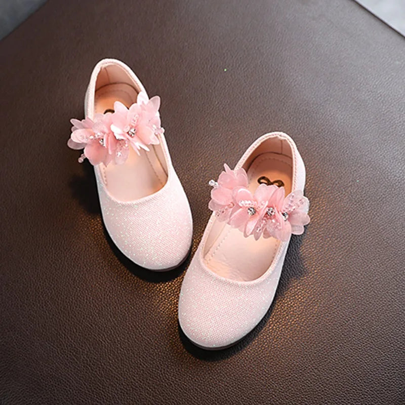 Spring Summer Girls Dress Princess Leather Shoes Lace Shining Flower Soft Sole Flats Performance Party  White Wedding Sandals