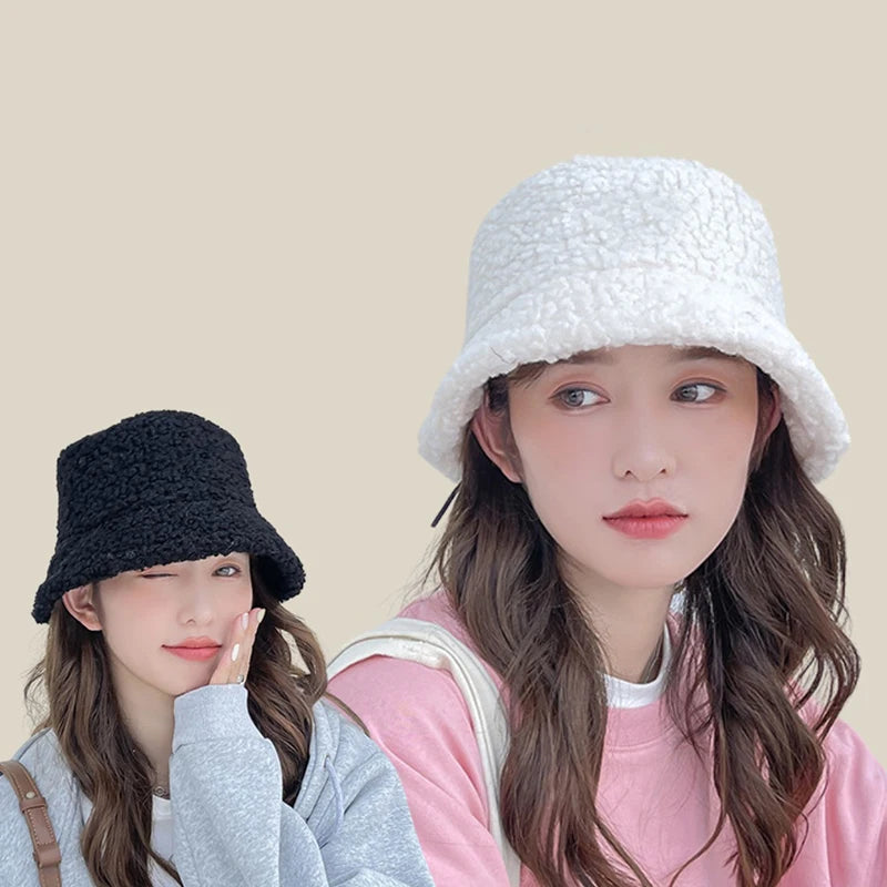 Lamb Faux Fur Bucket Hat Winter Warm Teddy Velvet Hats Caps For Women Lady Outdoor Panama Fisherman Hat