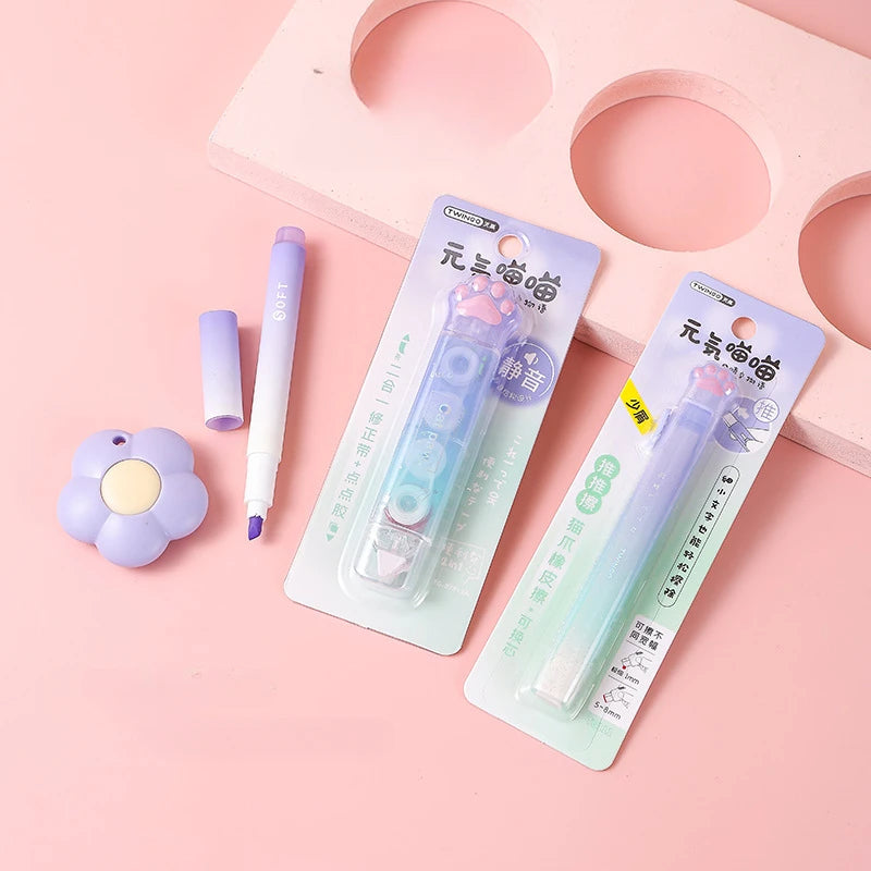 Creatived Cute Cat Paw gradient stationery set 4/7 in 1 knife, correction tape, eraser stationery set, student office supplies