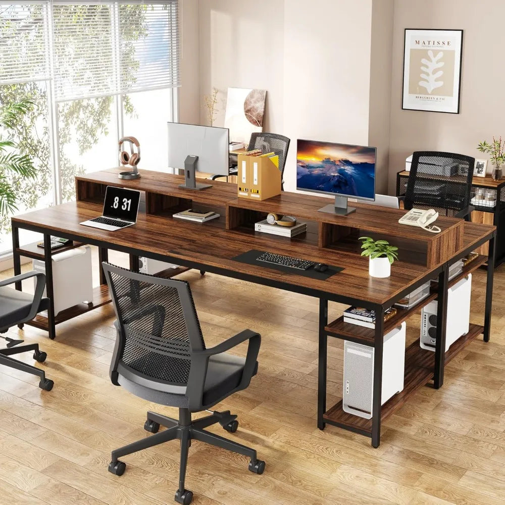 Two Person Desk with Monitor Stand, 78.74" Long Double Computer Office Desk with Storage Shelves, Large Gaming Desk Study