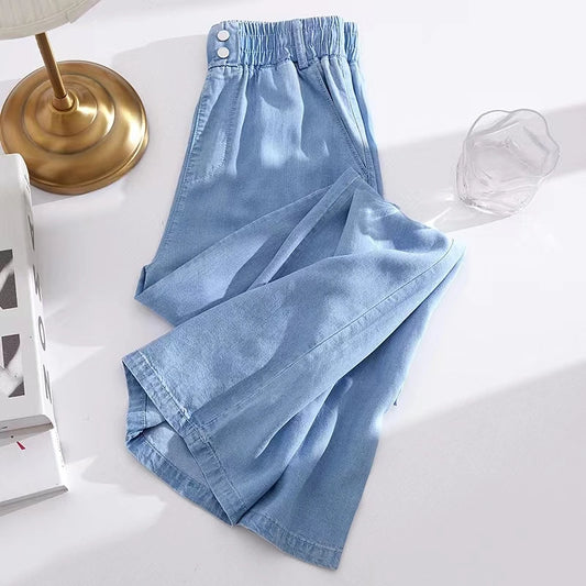 S-4XL Summer Thin Jeans Women Elastic Waist Straight Wide Leg Trousers Casual Fashion Female Soft Breathable Pants 2023 New