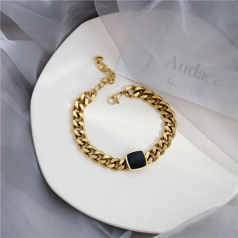 Stainless Steel Gold Color Bracelet Ladies Hip Hop Thick Chain Black Square Bracelet for Woman Man Fashion Bracelet Wholesale