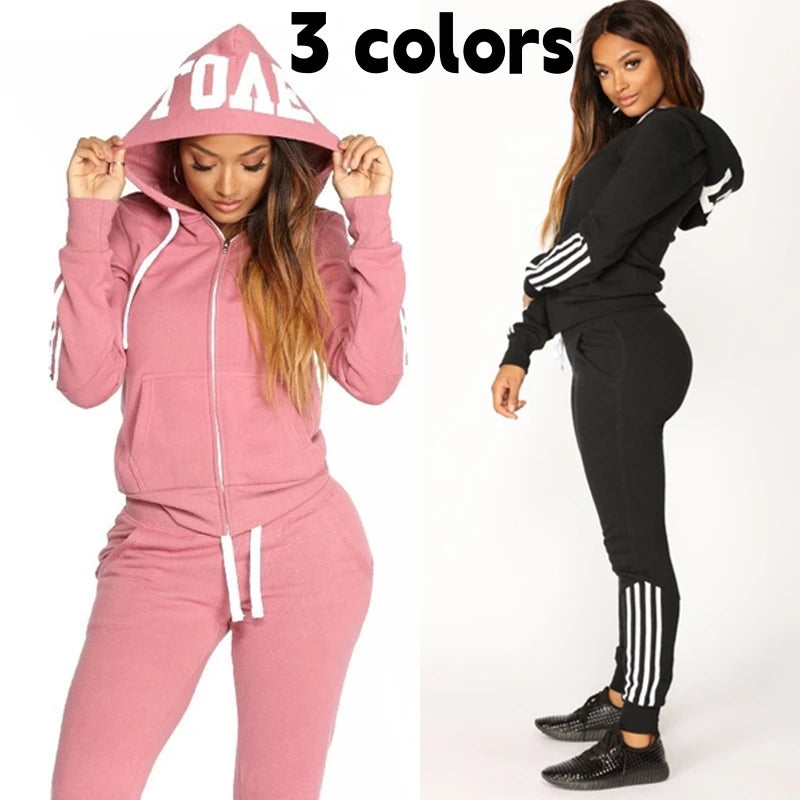 Women's striped sportswear two-piece casual long sleeved full zippered hoodie and pants sportswear set