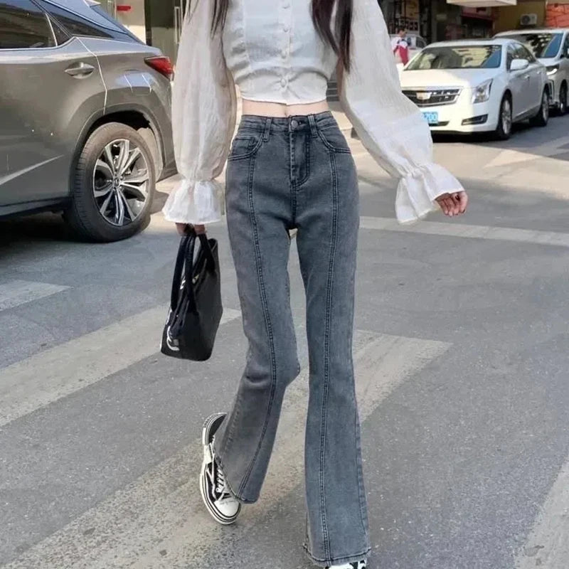 Vintage High Waist Flare Jeans High Street Women Boot Cut Denim Pant Slim Loose Korean Casual Button Up Zippers Gray Trousers