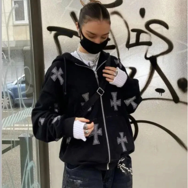 Ladies Suit Rhinestone Gothic Streetwear Long Sleeve Zip Hoodie Y2k Hip Hop Jogging Jumper Fashion Punk Sports Jacket Jumper