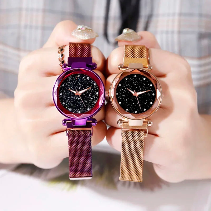 Starry Sky Women Watch Fashion Elegant Magnet Buckle Vibrato Purple Gold Ladies Wristwatch Luxury Women Watches