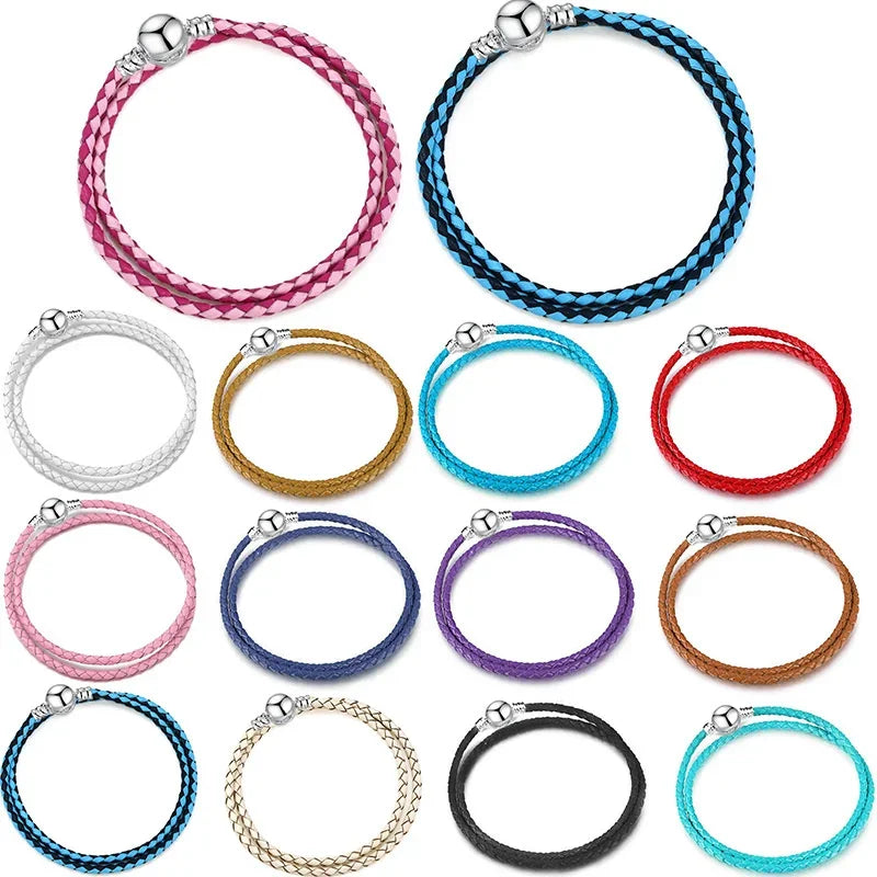 Double Circle Bilayer Round Buckle Leather Rope Bracelet Ladies Multicolor PU Basic Chain Fit Origina Pandora DIY Fine Jewelry