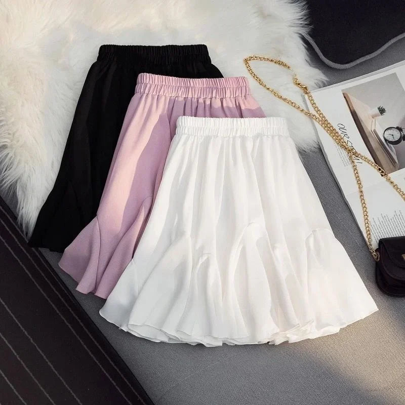 Fish Tail Pleated Skirt Women A-line Fluffy Skirts Slim Thin Elastic Waistline Commuting Simple Casual Korean Fashion Summer