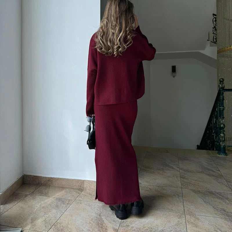 Casual O-neck Long Sleeved Sweater + Skirt Suits Vintage Commuting Slim Outfit 2024 Autumn Winter Knitted Women's Two Piece Sets