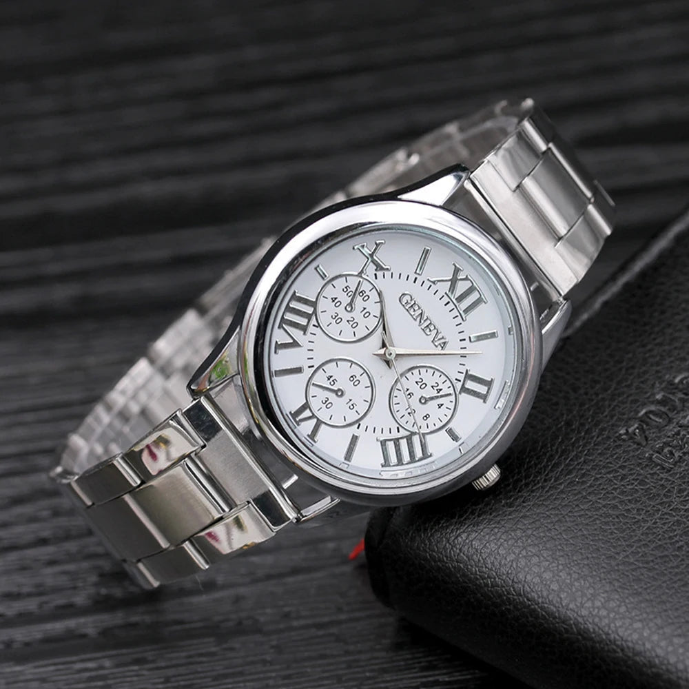 Classic  New 2024 Geneva 3 Eyes Gold Casual Women Watch   Men Stainless Steel  Ladies Clock Quartz Wristwatches
