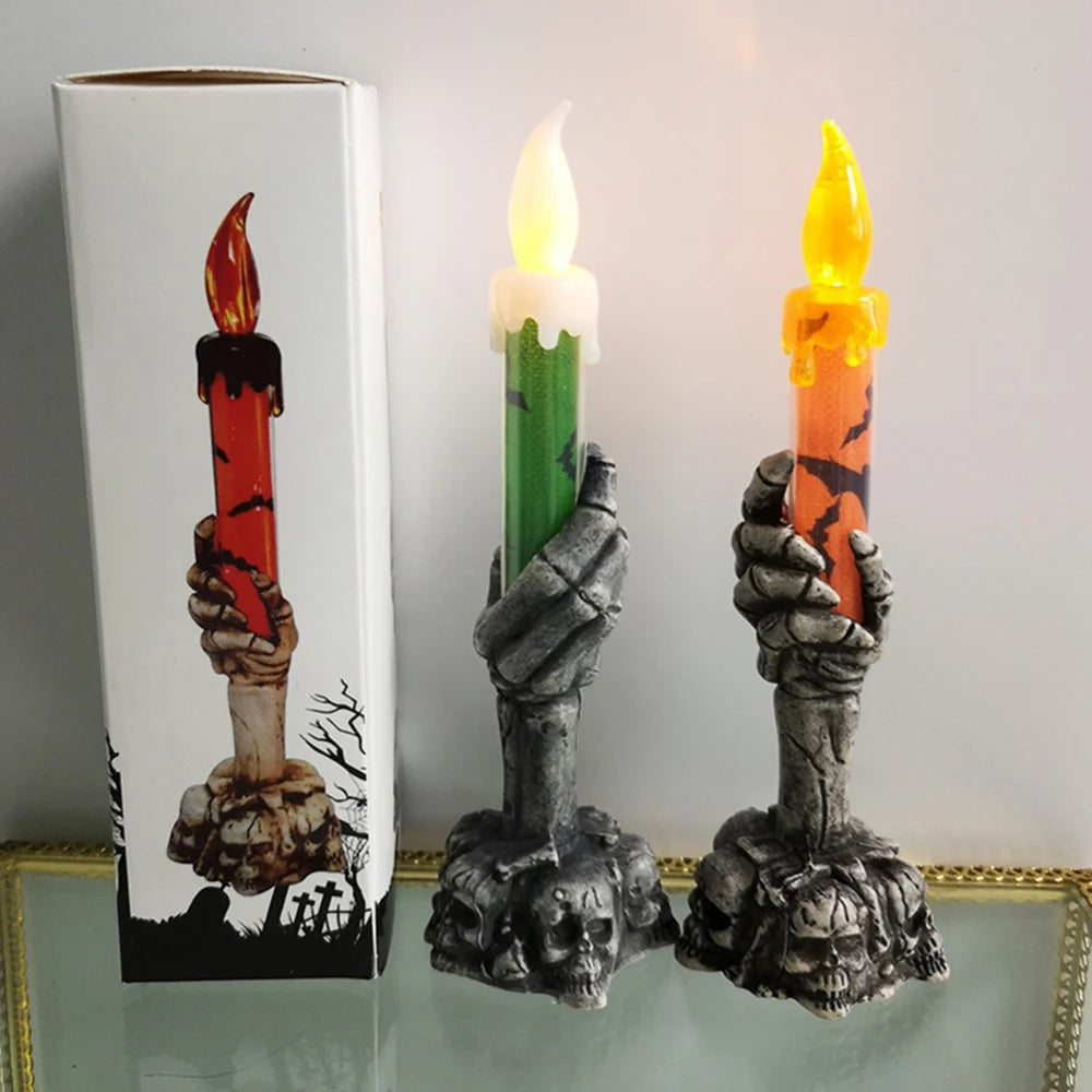 Halloween Flameless Candle Battery Operated LED Candle Light with Skeleton Hand for Holiday Home Decor Horror Theme Party