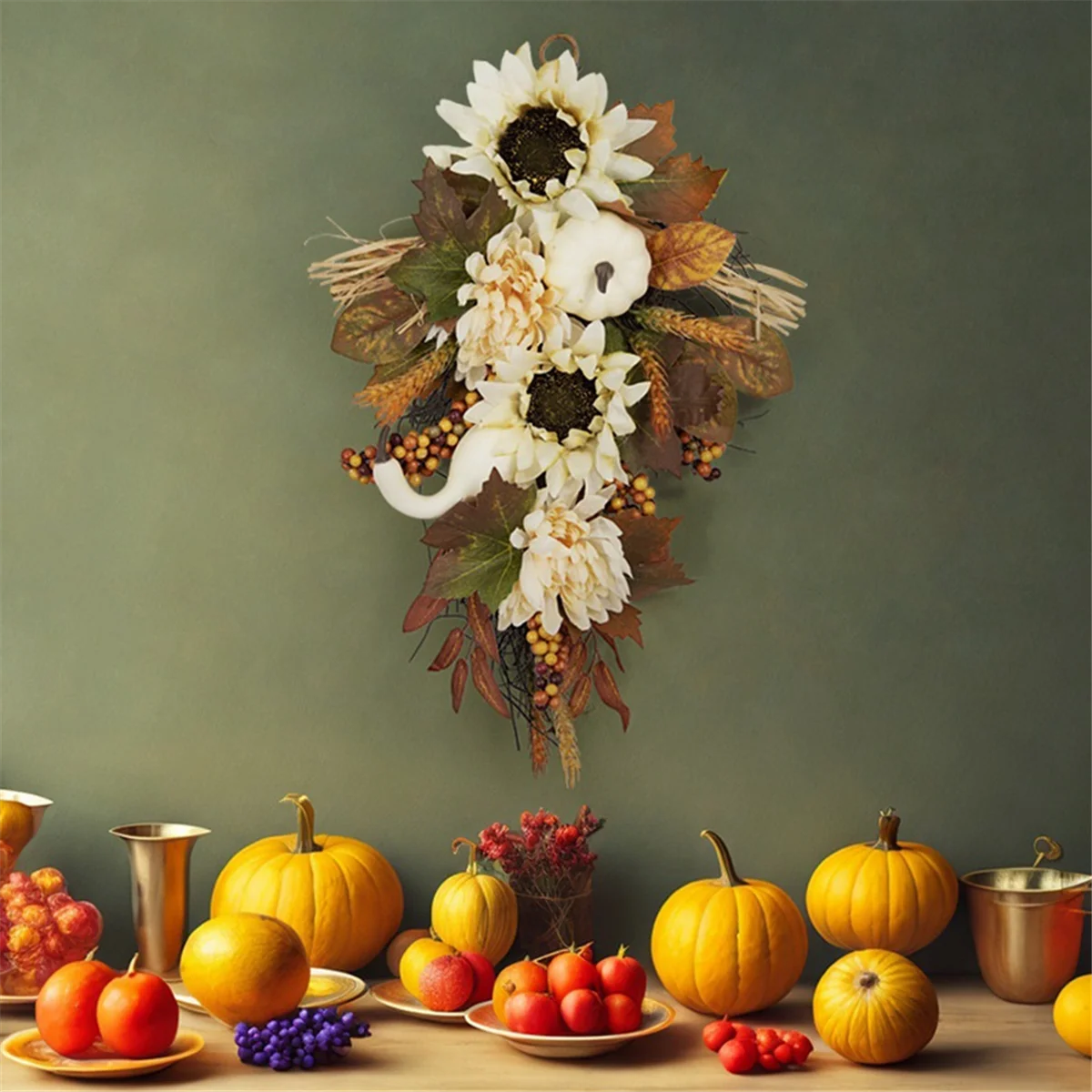 Artificial Pumpkins Wreaths White Sunflower Autumn Wreath with Leaves Flower Fall Door Garland Thanksgiving Theme