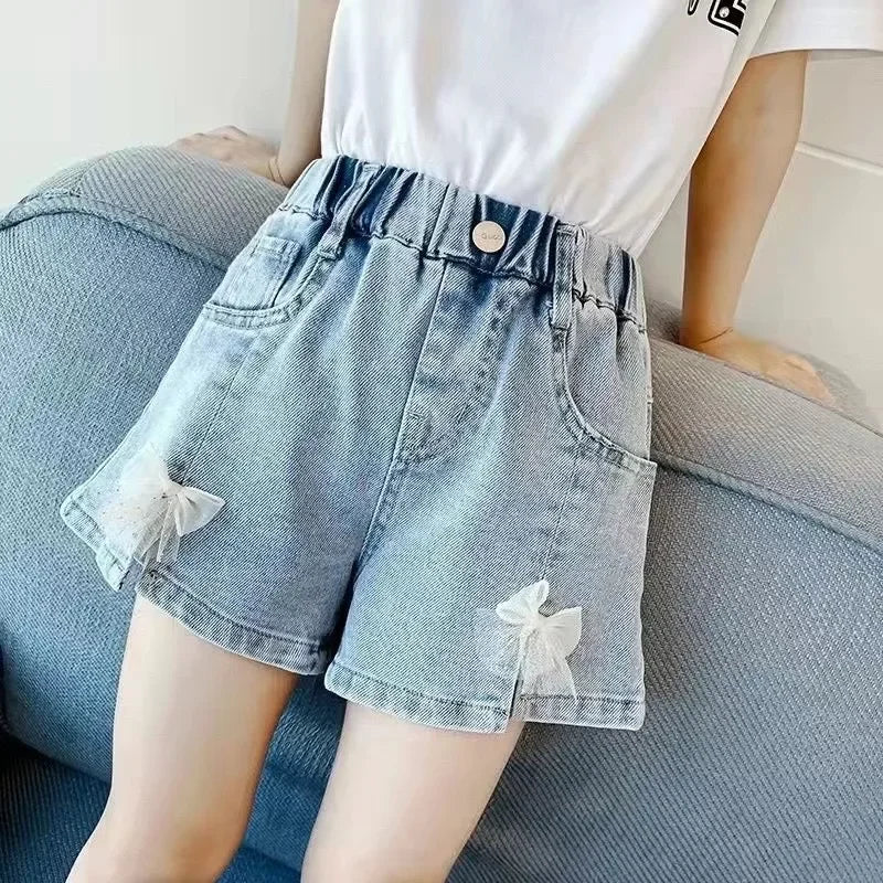 V-TREE Girls Denim Shorts Teenage Girl Summer Lace Pants Kids Bow Clothes Children Flowers Embroidery Jean Short For Teenager