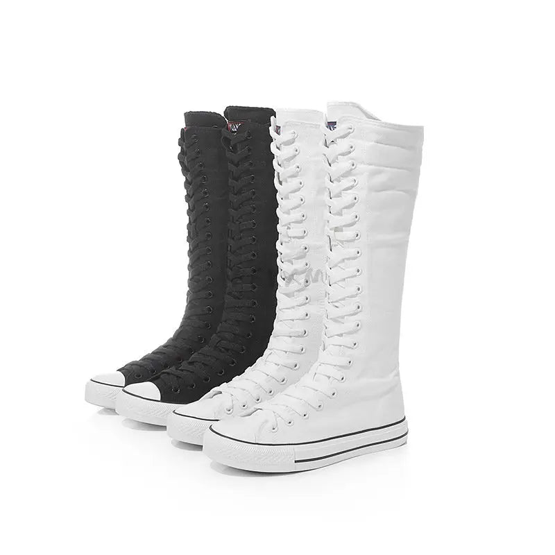 High Top Women's Canvas Shoes Knee High Boots Side Zipper Flats Vulcanized Shoes Lace-Up Comfortable Platform Sneakers Female