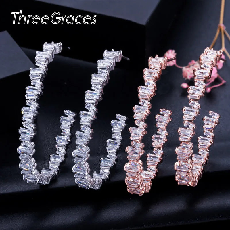 ThreeGraces Shiny Irregular Baguette CZ Crystal Big Rose Gold Color Hoop Circle Earrings for Ladies Dancing Party Jewelry ER115