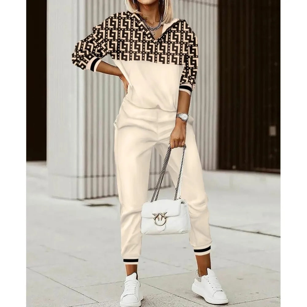 Vintage Maze Print Casual 2 Piece Sets Women Spring Autumn Fashion New Pullover Hoodie And Pencil Pants Set Casual Sport Suit