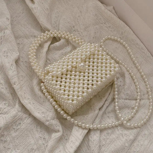 Pearl Crossbody Bags for Women Small Coin Wallet Handbag Handmade Woven Ladies Phone Tote Hand Shoulder Bag