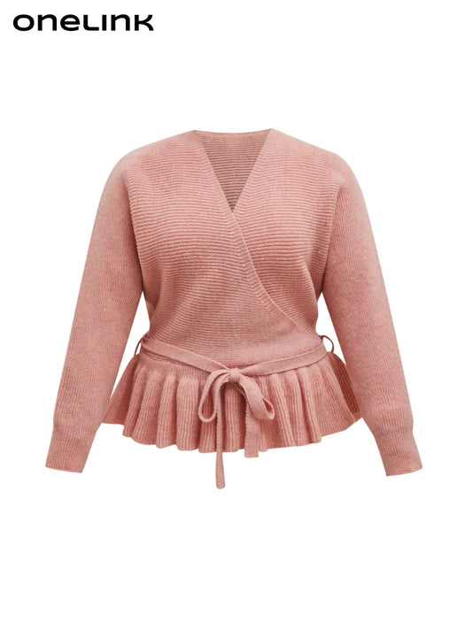 ONELINK Pink Autumn Winter Plus Size Women Woolen Pullover Sweater V Neck Cross Wrap Ruffle Hem Belt Waist Oversize Clothing