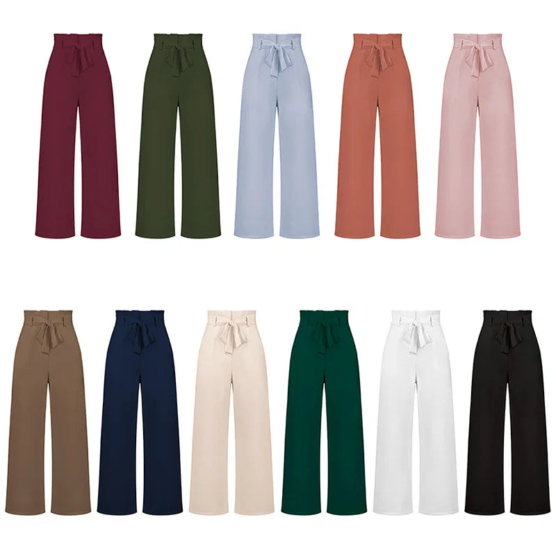 Fashion Lady's Office Dress Pant High Waist Straight Pant Casual Long Wide Leg Trousers Women's Summer Cool Ice Crepe Belt Pants