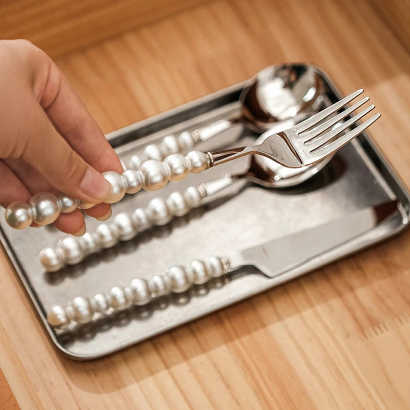 Cutlery Set 18/10 Stainless Steel Tableware Portable Dinnerware Set High Quality Steak Knife Fork Ice Spoon Pearl Flatware Set