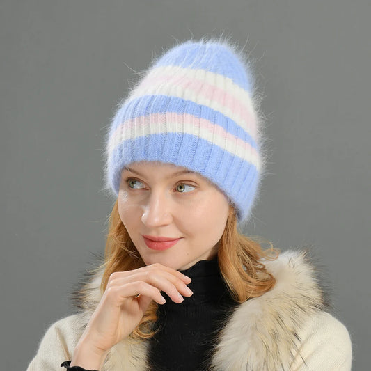 Jxwatcher Winter Long Rabbit Fur Knitted Beanie Hats Ladies Casual Thicken Warm Three Color Joining Together Bonnet Female Fall