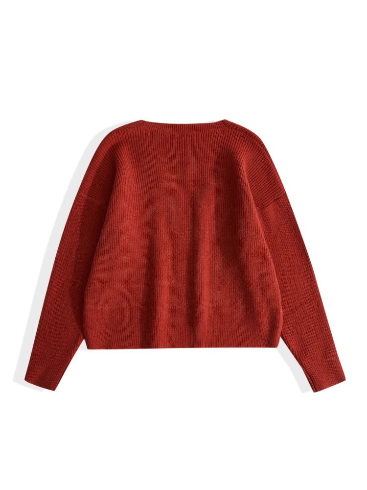 ONELINK Solid Red V Neck 2022 Autumn Winter Plus Size Women Woolen Sweater Knit Pullover Oversize Clothing Minimalist Luxury