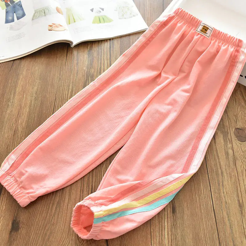 Fall girls' ice silk cotton rainbow striped casual pants Loose large children's baby girls thin tracksuit pants 1 to10 years old