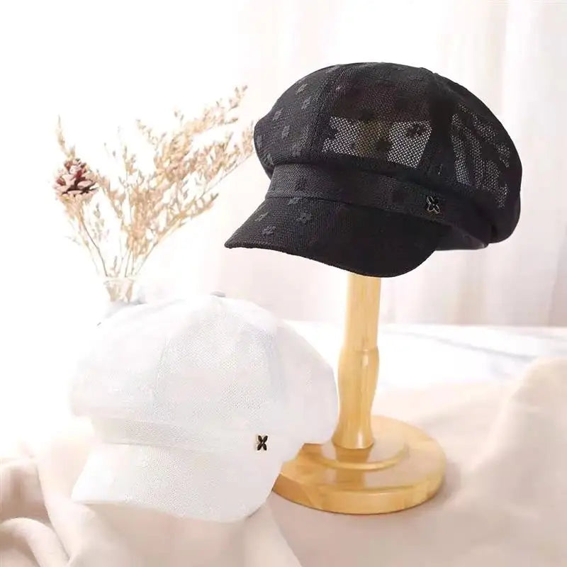 Women Caps with M Metal Sign Lace Floral Solid Newsboy Caps 2021 New Summer Octagonal Hat for Ladies White Black