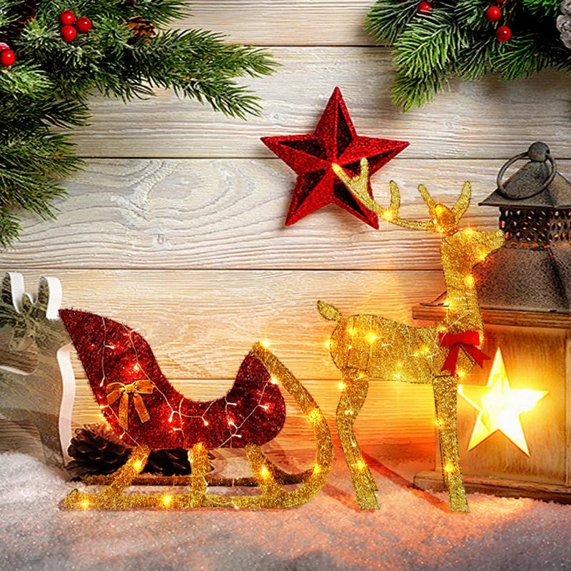 Lighted Christmas Reindeer and Sleigh Outdoor Yard Decoration Set with Lights Stakes Holiday Decorations Ornament Xmas New Year