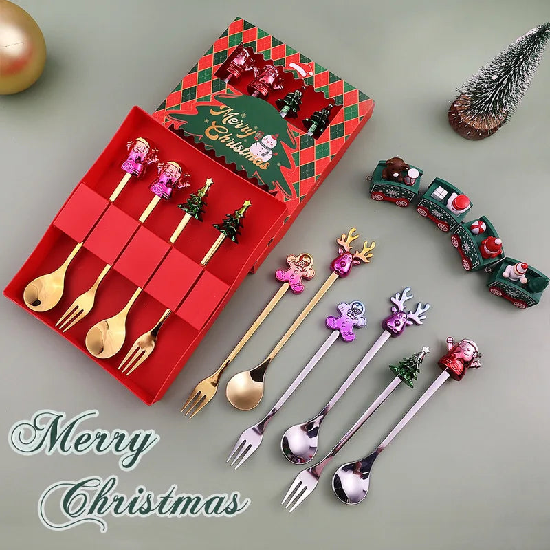 Christmas Spoon Fork Tableware Set Cartoon Coffee Spoon Fruit Fork Christmas Tree Elk Spoon Holiday Decoration Christmas Gift