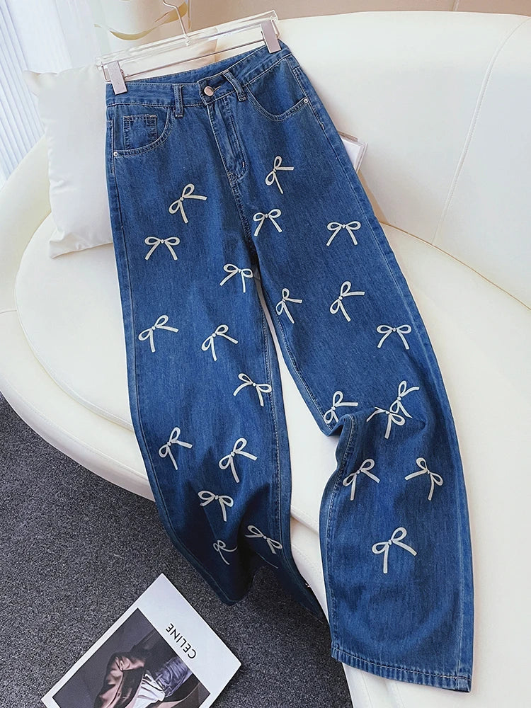 Vintage Women's Bowknot Print Y2K Fashion Wide Leg High Waist Denim Pants Boyfriend Jeans Loose Fit Vintage Jeans for Teen Girls