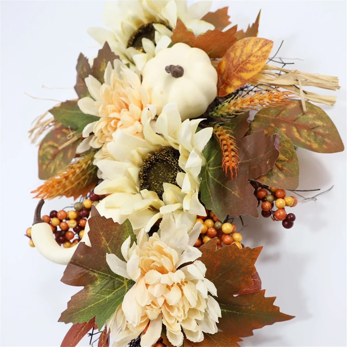 Artificial Pumpkins Wreaths White Sunflower Autumn Wreath with Leaves Flower Fall Door Garland Thanksgiving Theme