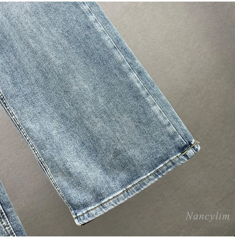 2024 Spring Summer Women's Wide-Leg Jeans New High Waist Hollow Out Mop Trousers Fashion Diamond Denim Pants Female Clothes