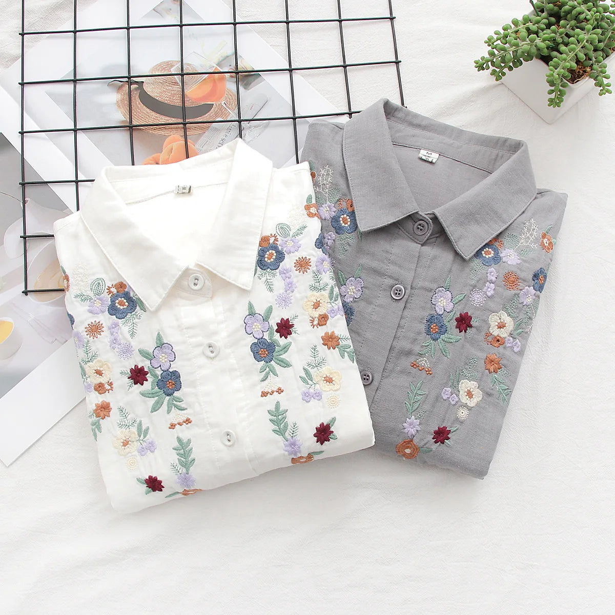 New Spring Double Cotton Yarn Shirts Women Turn-down Collar Loose Tops Girl Long Sleeve Embroidery Blouses 2024 Autumn T42909QM