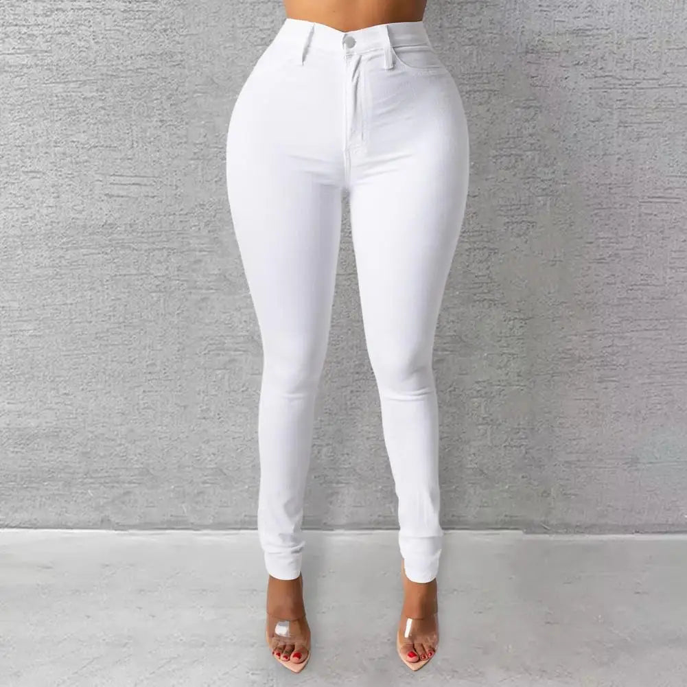 Women Jeans Solid Color Washed Pockets Lady Jeans High Waist Zipper Button Fly Denim Trousers Slim Fit Female Pencil Trousers