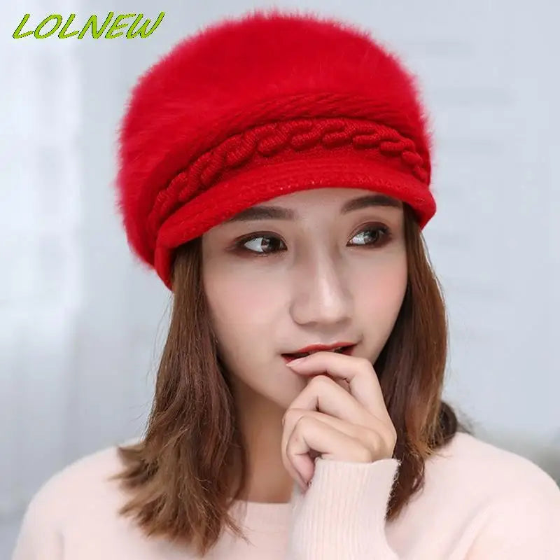 Winter Warm Beret Hat for Women Wool Knitted Hat for Mom Rabbit Fur Beret Solid Fashion Lady Cap Fall Hat Female Bonnet Caps