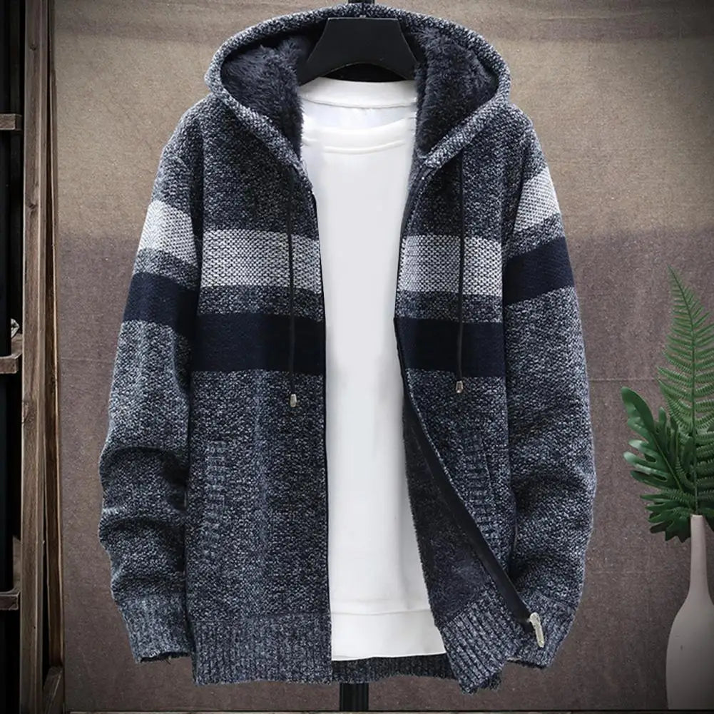 Men‘s Hooded Cardigan Knitted Sweater Winter Thick Fleece Warm Casual Knitwear Coat Solid Color Cardigan Men Winter Sweater