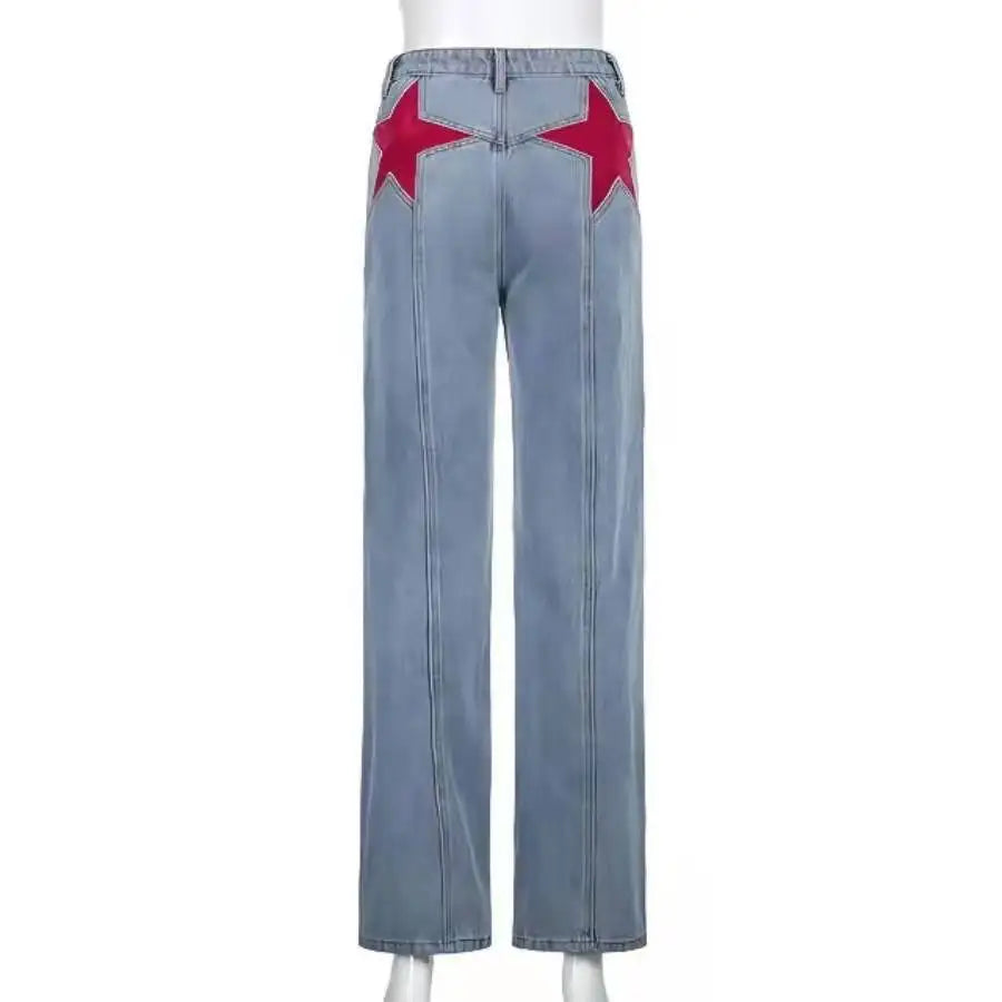 Vintage Star Print High Waist Jeans Women Harajuku 90s Aesthetic Denim Long Trousers Ladies Streetwear Outfits Straight Pants