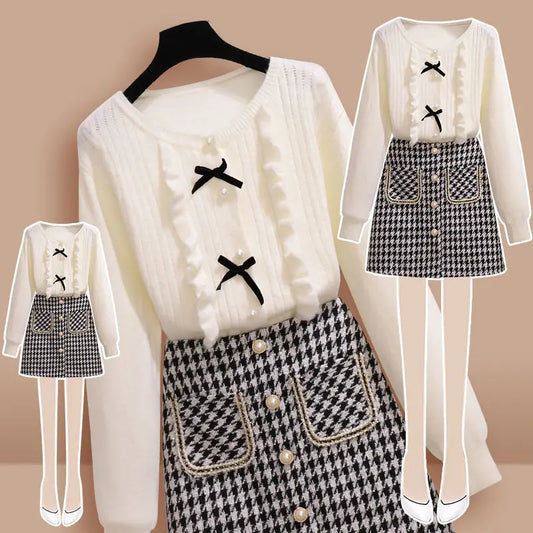 Spring Autumn Fashion Suit Women's 2023 Korean Version New Slim Round Neck Sweater Temperament Check Short Skirt Two Piece Set