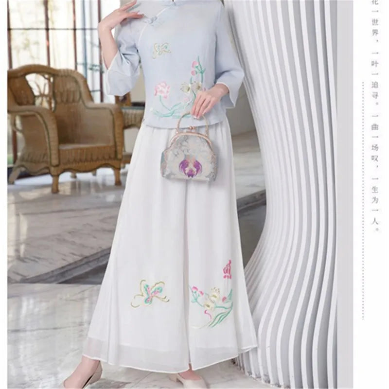 Spring Chiffon Embroidery Wide Leg Pants Woman Clothing High Waist Fashion Tang Dress Skirt Pants Female Vintage Chinese Style