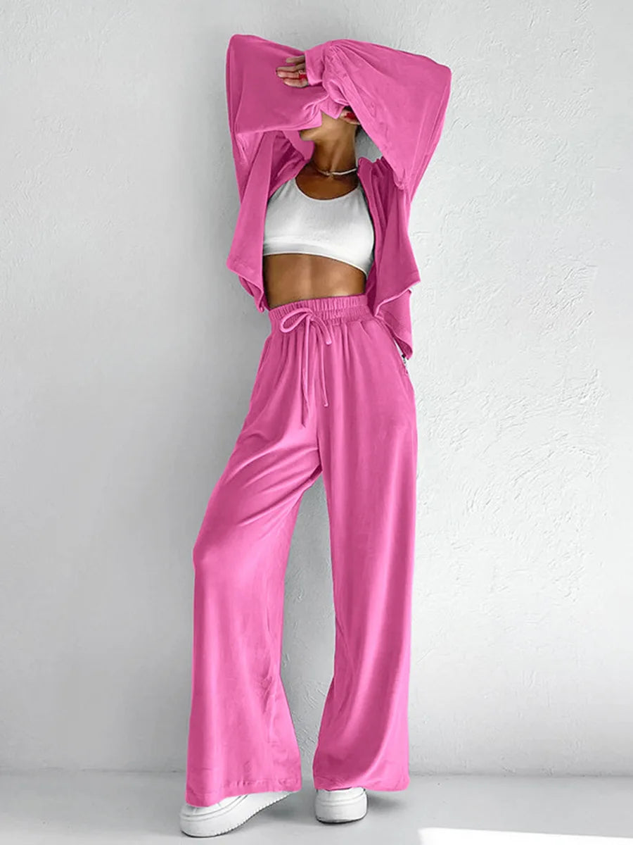 New pink velvet hoodie set for women 2024 Autumn winter coat trousers sports casual two-piece set